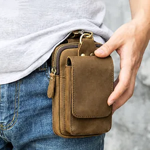 Genuine leather multi-function waist bag for men, vintage phone pouch with belt loop.