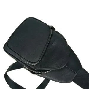 Black leather sling bag main view, casual chest bag with front zipper pocket and wide strap.