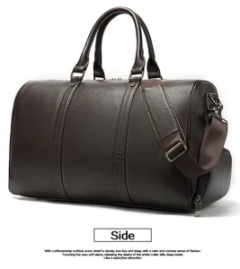 Vue détaillée du sac de voyage en cuir marron montrant la texture et la poche à chaussures.