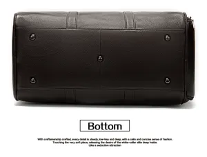 Vue détaillée du fond du sac de voyage en cuir marron avec pieds en métal de protection.