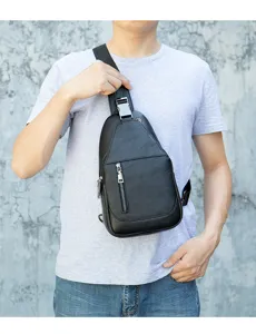 Men genuine leather chest bag single shoulder crossbody casual cowhide daypack black color