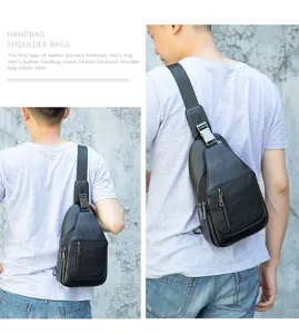 Detail view of men's leather chest bag, showing wearing angle and texture craftsmanship.