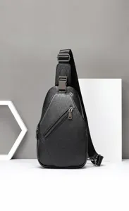 Men's genuine leather chest sling bag, casual shoulder crossbody bag with zipper pocket.