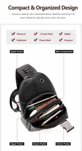 Men genuine leather chest bag casual single shoulder crossbody bag multi pocket sling bag