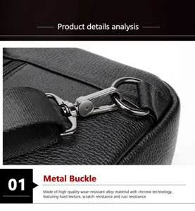Detailed closeup view of durable alloy hardware lock on men's leather chest bag design.