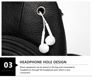 Men genuine leather chest bag detail view, convenient headphone jack design for music use.