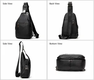 Men's genuine leather chest bag casual crossbody sling bag multi-pocket daypack black