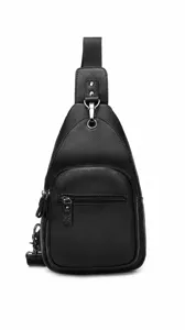 Men's genuine leather chest bag, black casual sling bag, front view detail for daily use.