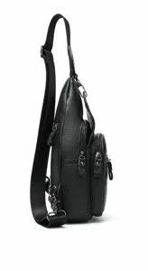 Detailed side view of black leather men chest bag, multi-zipper pocket design, adjustable strap.