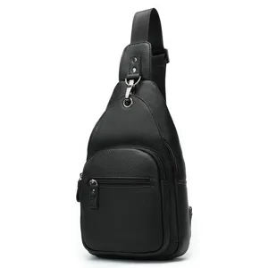 Men's genuine leather chest bag casual single shoulder sling crossbody bag black cowhide
