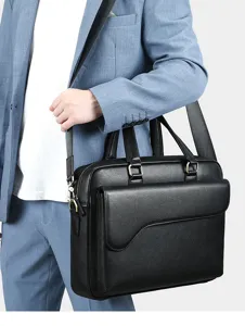 Borsa per laptop da uomo in vera pelle nera elegante borsa da lavoro con tracolla.