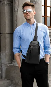 Mens black leather chest bag casual outdoor sling bag stylish shoulder backpack for travel