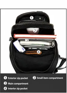 Men leather chest bag interior detail view, multi pocket sling bag compartment layout.