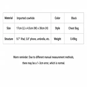 Men genuine leather chest bag size chart, casual sling shoulder backpack daily use.