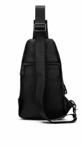 Men's genuine leather chest bag single shoulder crossbody casual sling bag black style