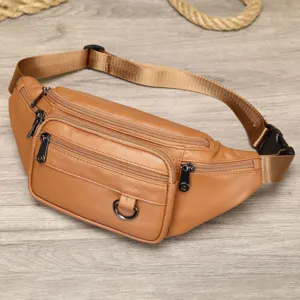 Brown genuine leather men chest bag casual crossbody bag with multiple zipper pockets utility.