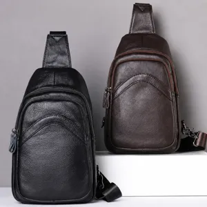 Men's Genuine Leather Chest Bag Waterproof Wear-Resistant Multi-Pocket Crossbody Bag Street Trend Sling Bag For Daily