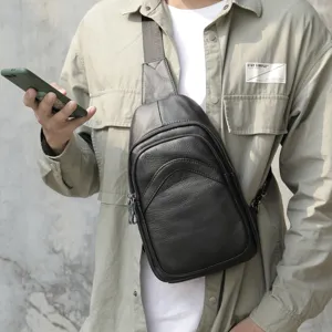 Men's genuine leather chest bag, casual single shoulder crossbody bag with multi zipper pockets.