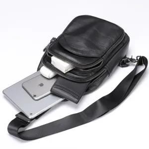 Mens genuine leather chest bag casual sling shoulder bag with multi-zip pockets for men