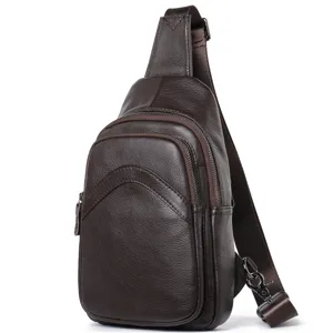 Men genuine leather chest bag single shoulder crossbody bag vintage casual cowhide sling backpack