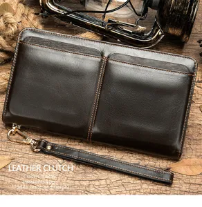 Cartera de mano larga de cuero genuino para hombre con bolsillos dobles y correa.
