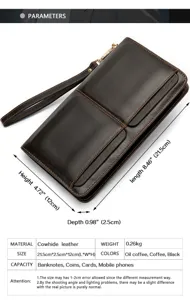Cartera larga de cuero genuino para hombre, bolso de mano de negocios con correa.
