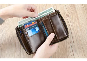 Portefeuille zippé en cuir véritable pour homme avec emplacements multiples et fentes.