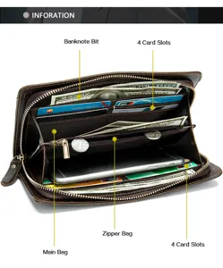 Vista detallada de la cartera larga de cuero para hombre con varios compartimentos.