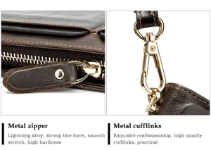 Vista detallada de cartera de cuero para hombre con cremallera metálica y finos herrajes.