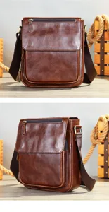 Sac bandoulière vintage en cuir marron pour homme, sacoche grand format avec rabat et poches.