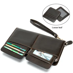 Cartera larga de cuero para hombre con correa, múltiples ranuras y tarjetero extraíble.