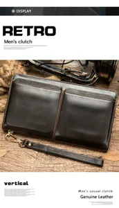 Monedero largo de cuero genuino para hombre, diseño de doble bolsillo con correa para negocios.