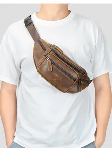 Vintage leather chest bag for men, multifunctional crossbody waist bag, brown cowhide.