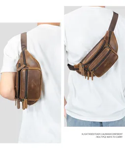 Detailed view of genuine leather chest bag with multi-zip compartments and adjustable strap.