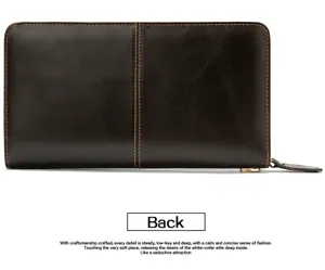 Billetera larga para hombre de cuero genuino de negocios con cremallera y doble bolsillo.