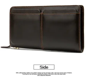 Cartera de cuero genuino larga para hombre de negocios con bolsillos dobles frontales y cremallera.