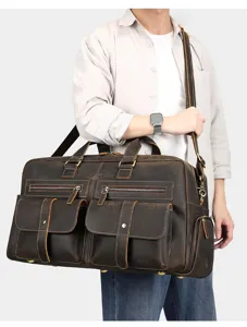 Sac de voyage en cuir véritable, bagage vintage en cuir crazy horse avec compartiment chaussures.