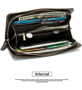 Cartera larga de cuero para hombre, bolso de mano de doble bolsillo con ranuras para tarjetas.