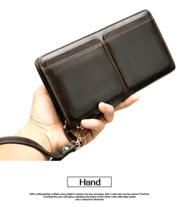 Cartera larga de cuero para hombre con doble bolsillo y correa de muñeca, bolso de mano.