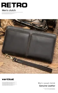 Cartera de mano de cuero para hombre larga estilo casual de negocios con correa de muñeca