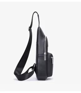 Detailed side view of premium genuine leather men's chest bag with sleek black design.