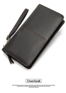 Cartera larga de cuero genuino para hombre bolso de mano marrón oscuro con correa de muñeca