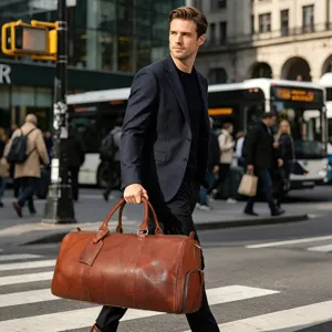 Classica borsa da viaggio in pelle marrone da uomo, capiente borsa da palestra con scomparto.