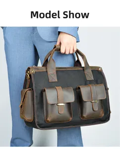 Dettaglio borsa lavoro in tela e pelle, design multi-tasca, elegante cartella uomo resistente.
