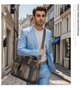 Borsa da lavoro uomo in tela e pelle vintage ventiquattrore tracolla retro business