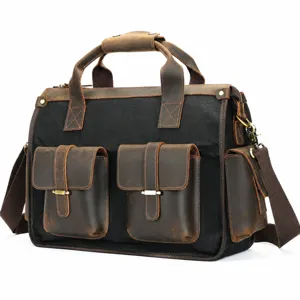 Ventiquattrore Vintage in Pelle e Tela da Uomo Impermeabile Borsa Porta PC da Lavoro Grande Capacità Borsa a Tracolla Casual Per Lavoro Viaggio
