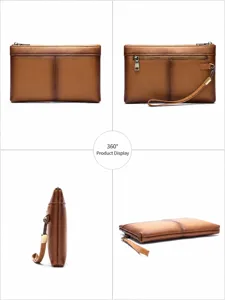 Sac pochette homme en cuir veritable marron affichage multi-angle grand portefeuille