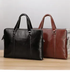 Maletín de cuero genuino para hombre bolso de mano para negocios negro y marrón elegante