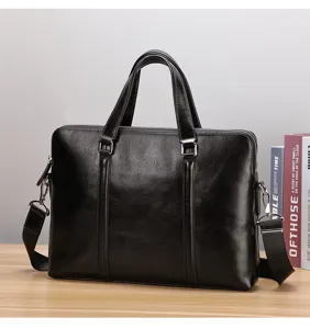 Maletín de cuero genuino para hombre bolsa de hombro para portátil gran capacidad.