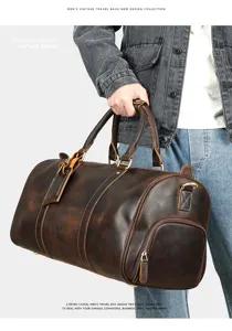 Vintage crazy horse leather travel bag for men, multi-purpose duffel luggage handbag.